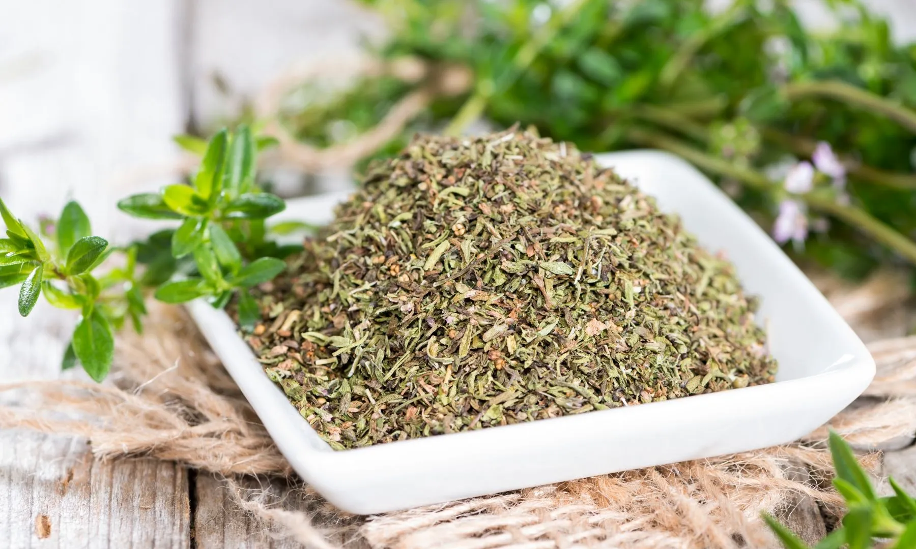 Dried savory in white dish