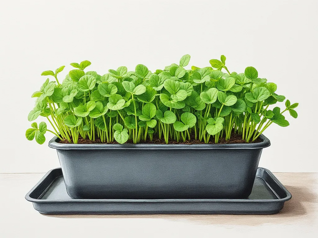 Realistic color pencil drawing of watercress growing in a container on top of a tray