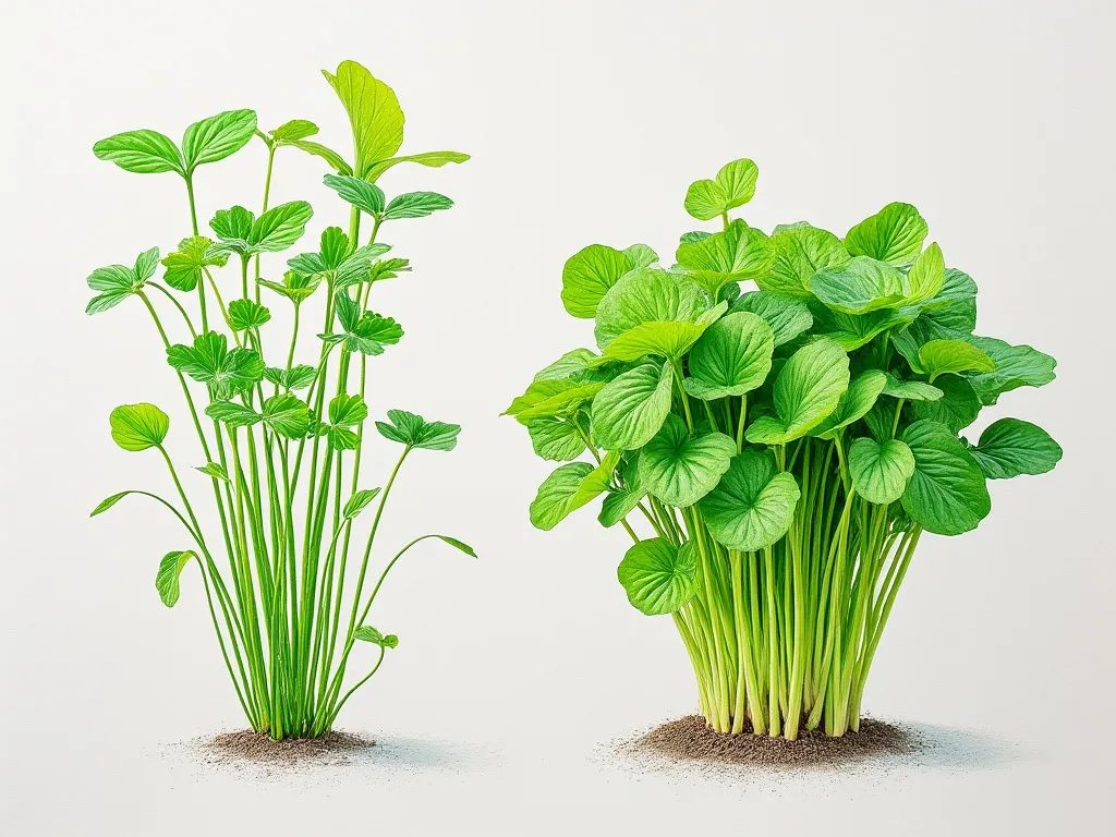Realistic color pencil drawing comparing sun-deprived watercress with leggy growth vs healthy watercress on paper texture
